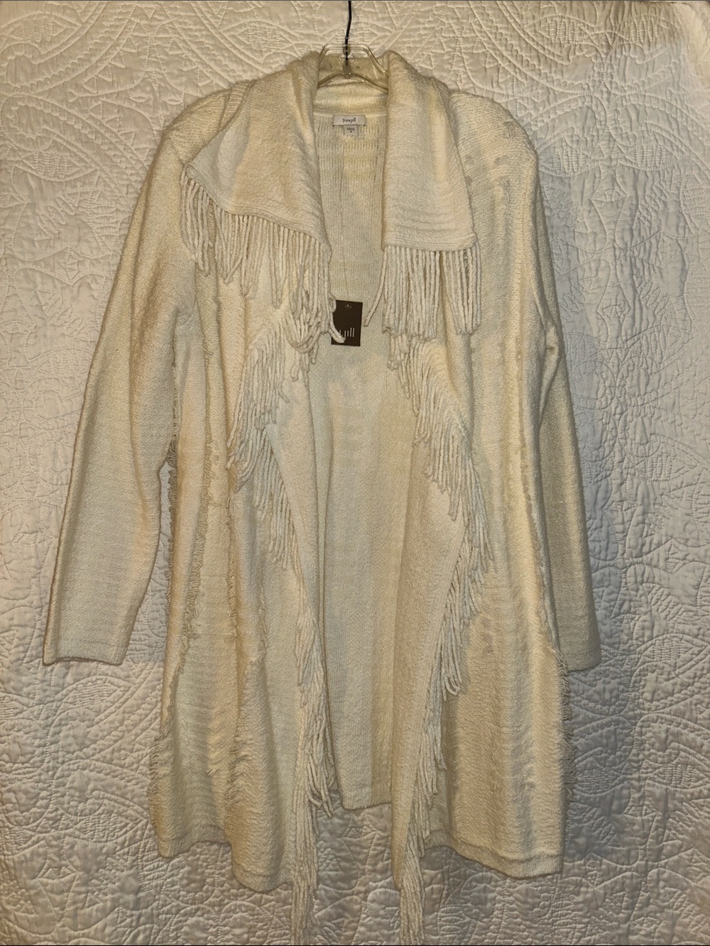 Fringed Open-Front Cardigan Sweater - Cream
